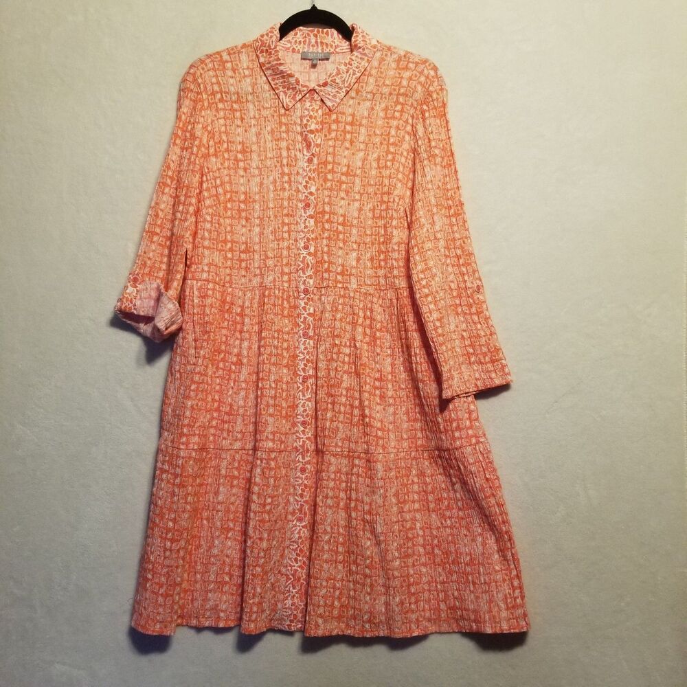 Habitat Clothes To Live In M Dress Crinkle Coral Button Front Babydoll Lagenlook